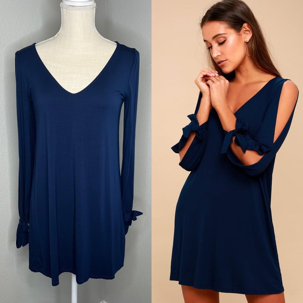 Lulus Glory of Love Navy Blue Cold Shoulder Shift Dress Jersey Knit XS